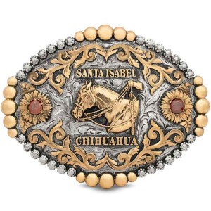 A custom belt buckle for women featuring a golden bronze horse head figure, scrolls, sunflowers, built on a hand engraved german silver base 